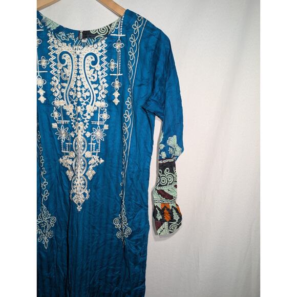 Middle Eastern Womens Patiyala Kaftan Dress Sz M Turquoise Embroidered Indian - Picture 3 of 7